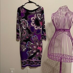 Cache Purple and Pink Paisley Long-Sleeve Sheath Dress